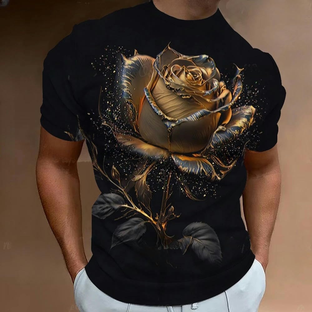 T-Shirt Men Novelty Red Rose 3D Printed Summer Crew Neck Short Sleeve Casual Graphic T Shirts Fashion Oversized Men's Clothing