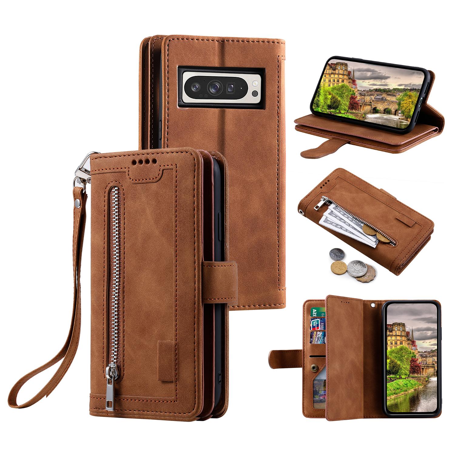 

For Google Pixel 10 Pro XL Case PU Leather Phone Cover with Zipper Wallet 9 Card Slots Brown