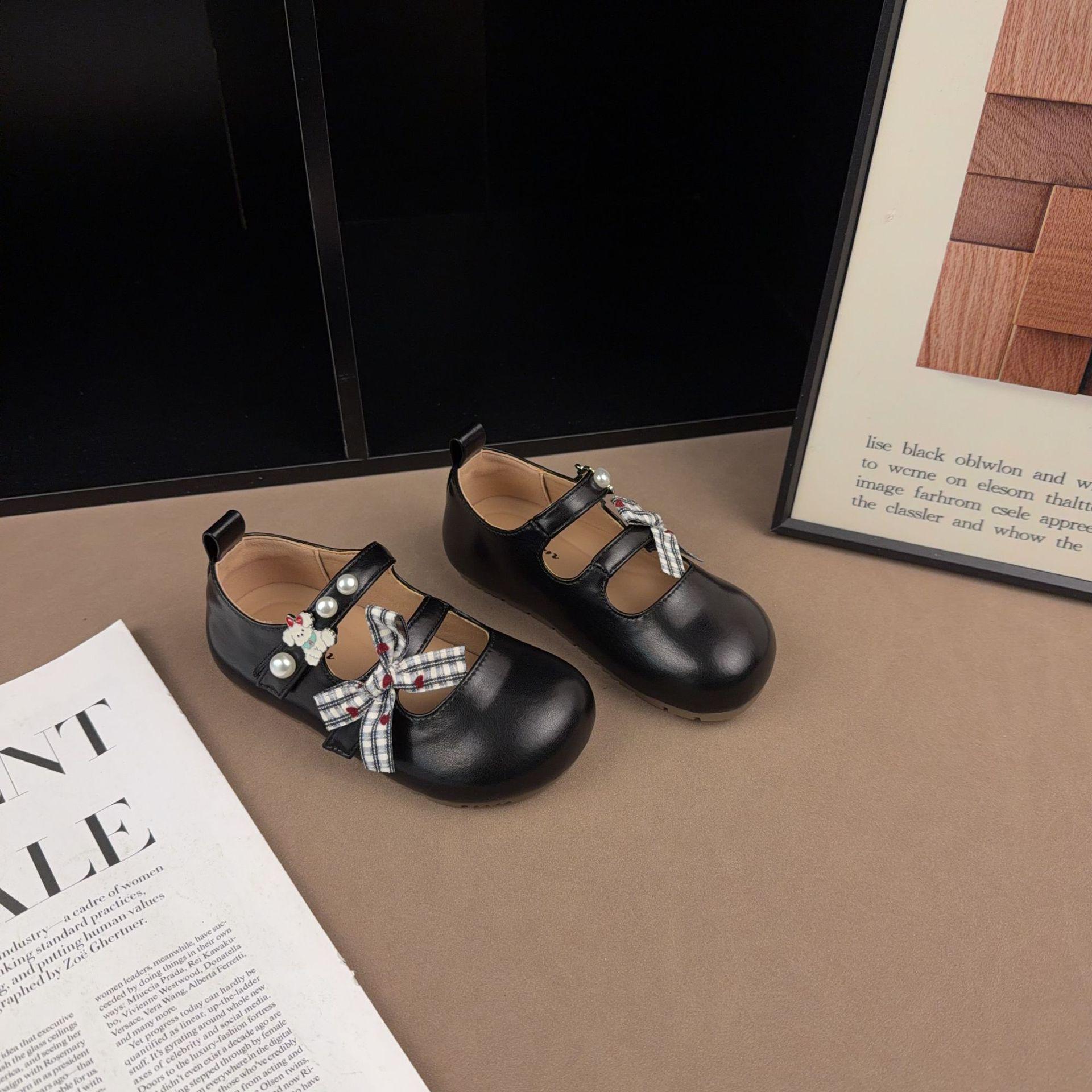 Kids  Leather Bow Rhinestone Low-Cut Princess Shoes - Spring/Autumn 2026 Korean Style Versatile Girls  Student Shoes 28 чёрный