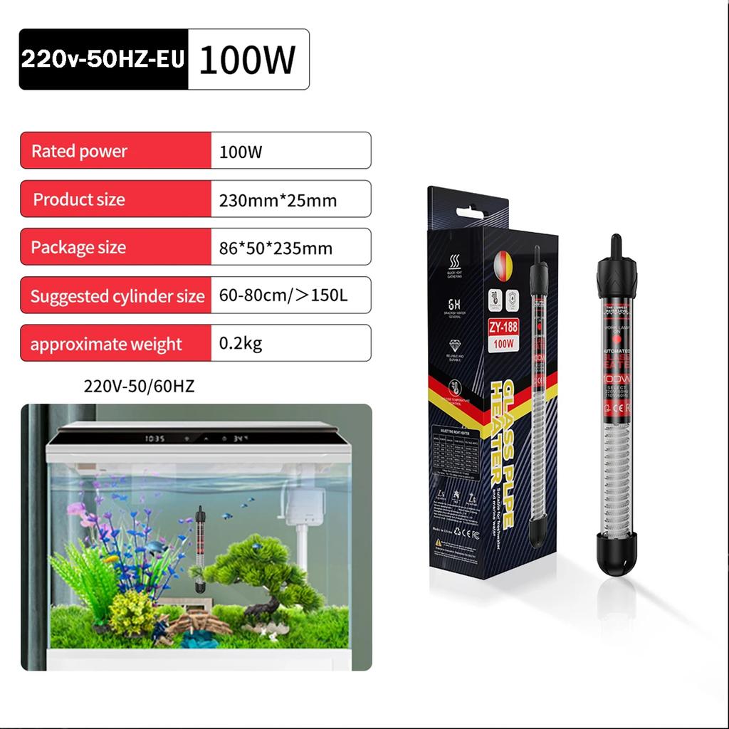 220v-50HZ-EU-PLUG Adjustable Temperature Thermostat Heater Rod 100W  Submersible Aquarium Fish Tank Water Heat
