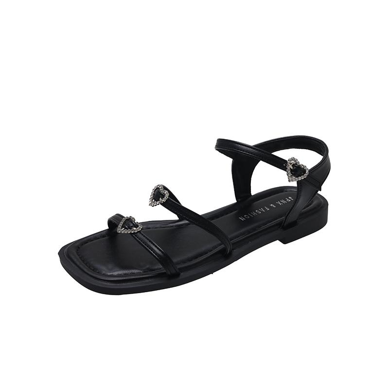 Fashion Summer Sandals Women's Fashion Square Head Shallow Mouth Crystal Metal Buckle Line with Soft Soled Non-slip Flat Shoes