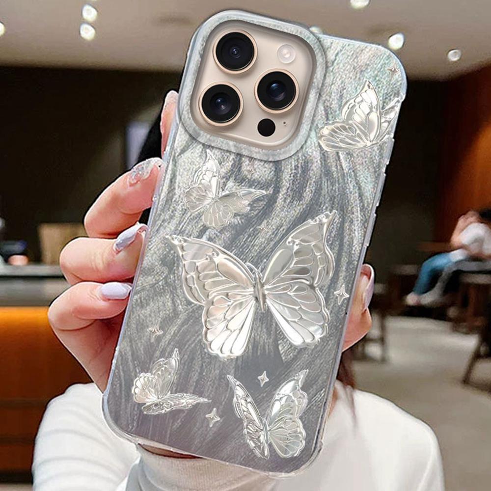 Metal Butterfly Printed Color Plants Phone Case For Apple iphone 15 16 14 13 Pro Max 16e 7 16plus Silicone Couple Back TPU Cover