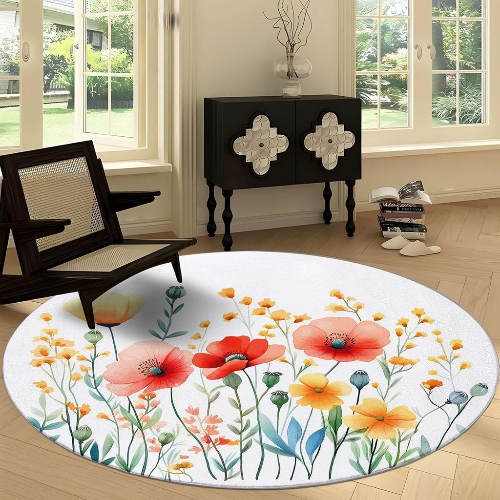 Modern Cartoon Letter Texture Print Round Area Rug,White Washable Carpet Runner - Non Slip Circle Rug Carpet Absorbent Mat for