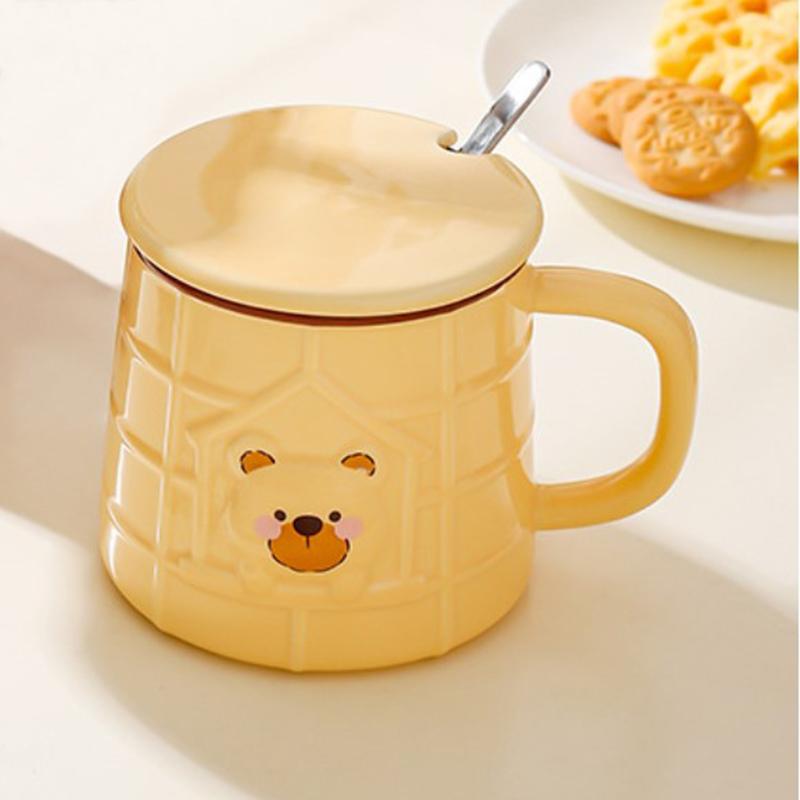 400ml Drinkware Ceramic Cup Household Creative Cute Bear Pattern Mug with Lid and Spoon Green Tea White Coffee Milk Brewing Cups