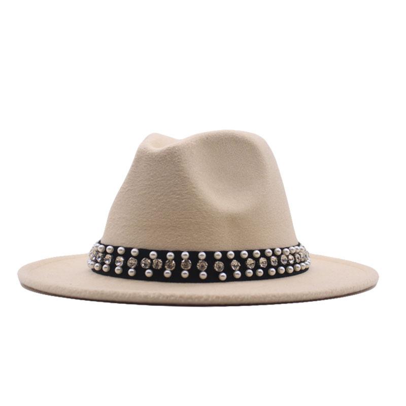 European and American Style Spring and Autumn Winter Imitation Felt Big Edge Hat British Retro Woolen Top Hat Women's Pearl Rhinestone Ribbon Jazz Hat