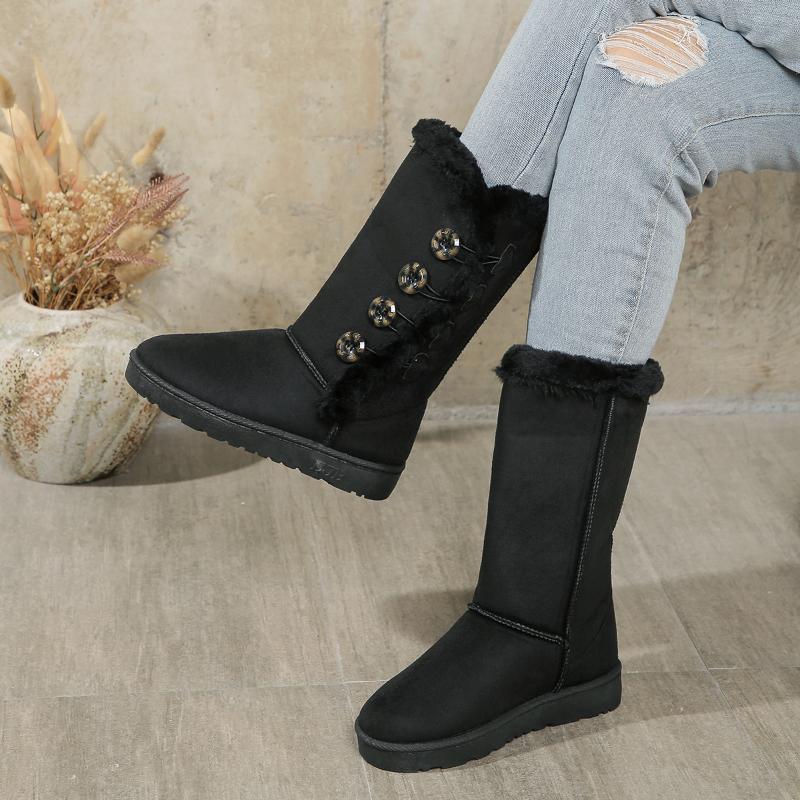 Winter Warm Lässig Mode Damen Schuhe Neu Knopf Bequem Flach Einfarbig Schlicht Schneestiefel Botas Mujer Chaussure Femme