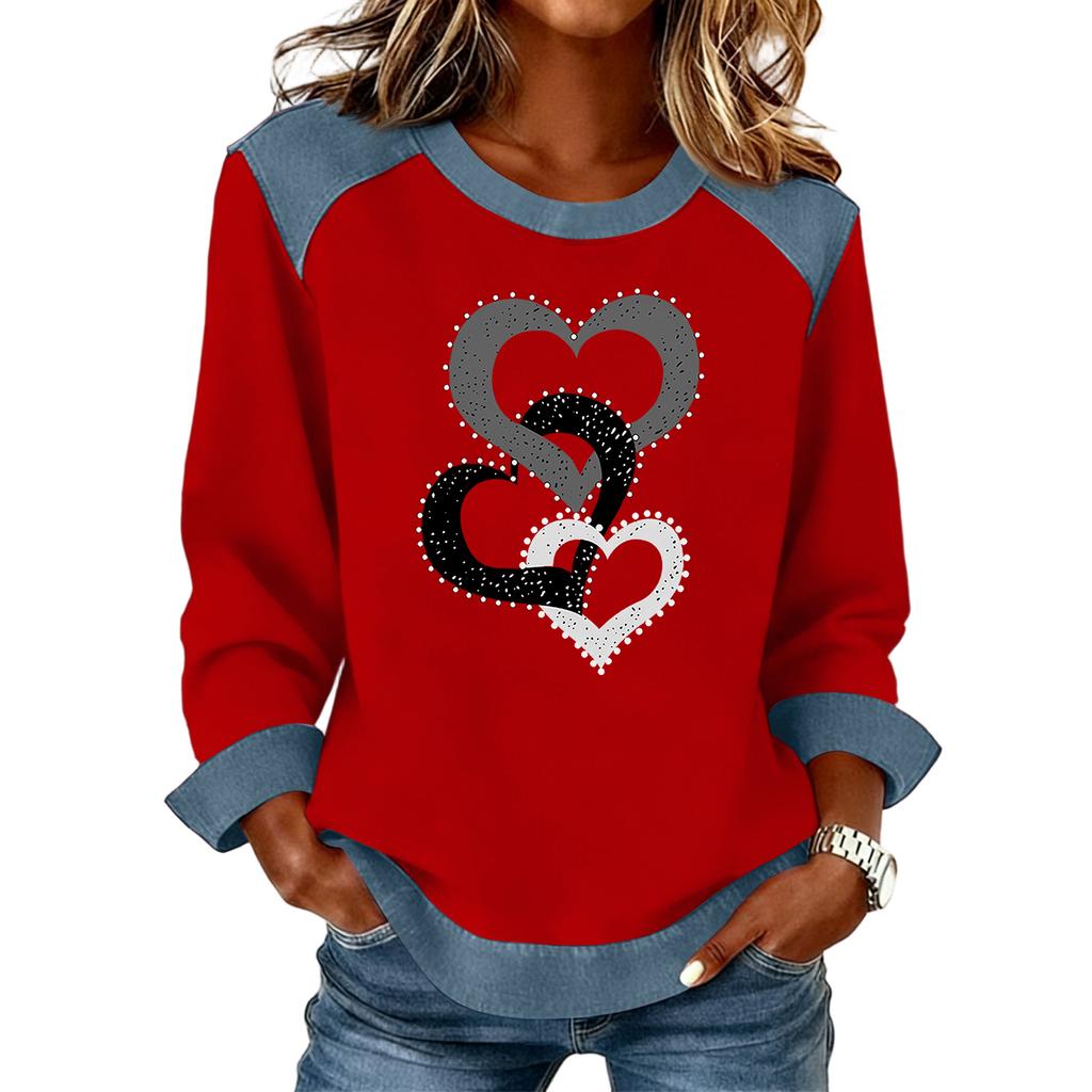 Women Denim Collar Patchwork Stitching Sweatshirt Casual  Pullover Long Sleeve Shirts