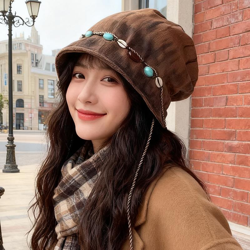 Tie Dyed Tassel Pile Hat for Women New Retro Beaded Face Showing Small Knitted Hat  Versatile Pullover Cold Hat Trend