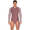 Mens Latin Dance Wear Floral Lace Long Sleeve Ruched Mesh Layer Chain Tassel Button Crotch Leotard
