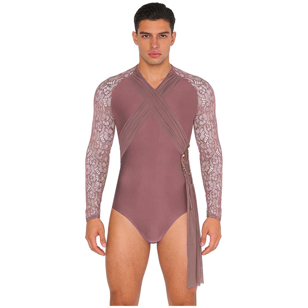 Mens Latin Dance Wear Floral Lace Long Sleeve Ruched Mesh Layer Chain Tassel Button Crotch Leotard