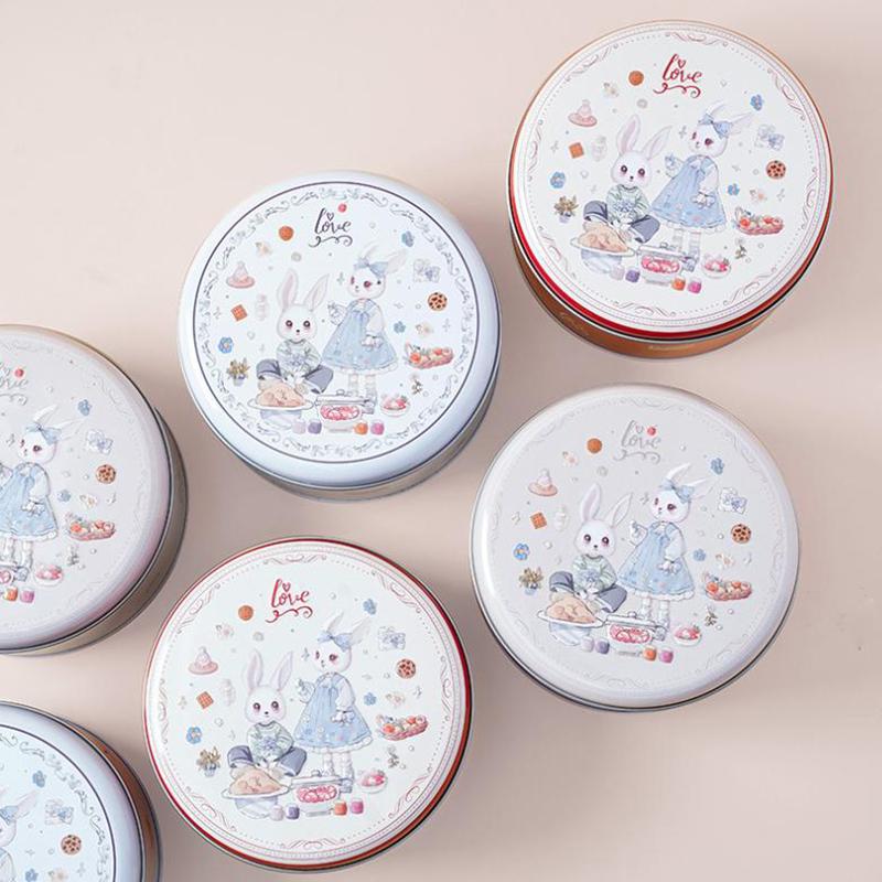 Plechová krabička na bonbóny a čokoládu s potiskem kresleného králíka Kovová prázdná plechovka na sušenky Multifunkční kulatá svatební dóza na sladkosti