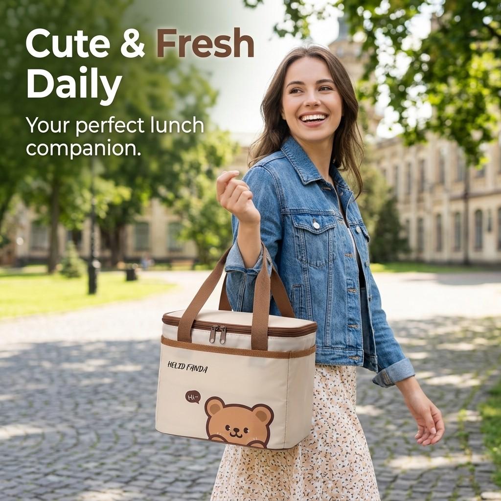 Portable Insulated Bento Box Storage Bag Cute Cartoon Oxford Thermal Lunch Bag For Outdoor Travel Picnic Large Cpacity Handbag