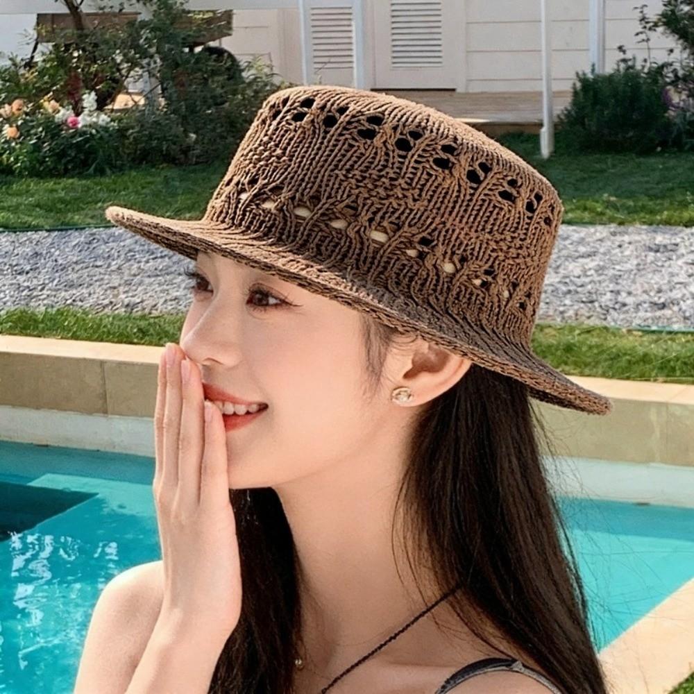 

Wide Brim Knitted Flat Top Hat Versatile Style Hollow Out Hat New Breathable Straw Hat Outdoor кавовий