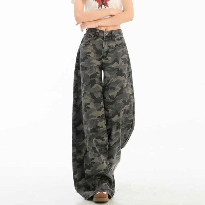 High-Waisted Wide Leg Camo Denim Pants Women Oversized Straight Fit Loose Trousers 2025