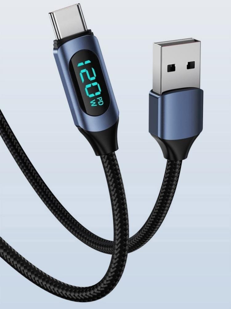 120W USBA to Type-C 6A Fast Charge Cable Nylon Braided with LED Display for POCO Realme Samsung Xiaomi iPhone 16 Macbook iPad