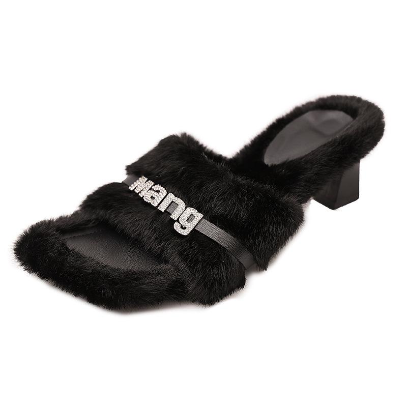 Thick heel fluffy slippers women's autumn and winter wear advanced sense 2025 new Internet celebrity rhinestone warm cotton drag ins tide