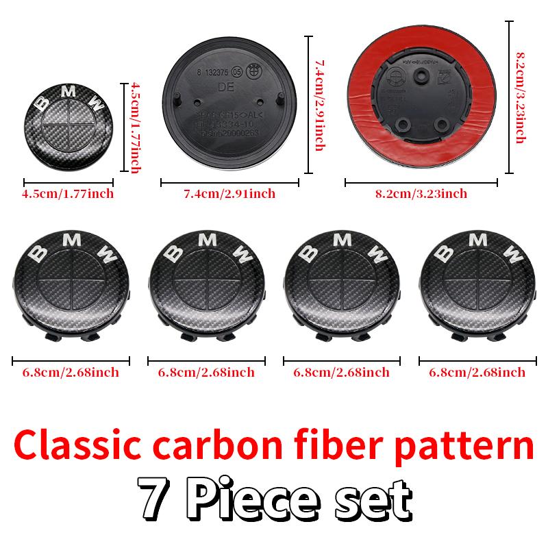 For BMW E46 82mm Hood F10 74mm Trunk Emblem 7Pcs Full Black Carbon Fiber Badge Set E90 68mm Wheel F30 Steering G20 X5 M4 Auto