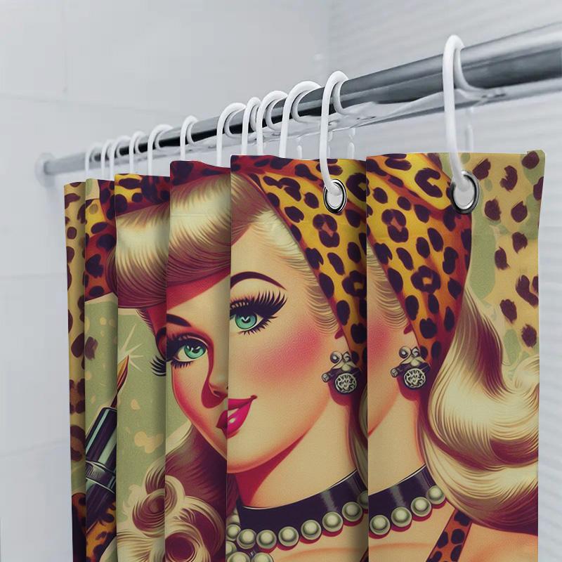 Vintage Pin Up Girl Cosmetics Shower Curtain Leopard Print Design For Bathroom Decorations