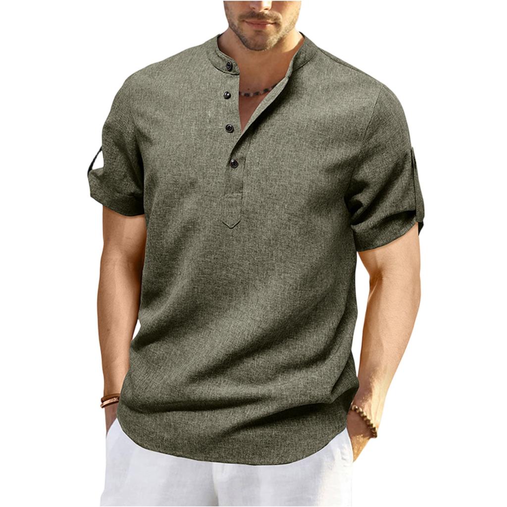 Men'S Casual Short Sleeved Stand Up Collar Fashionable Shirt Top
