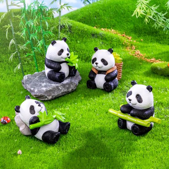 8 buc/set Figurină de panda din bambus din PVC, așezat întins, statuie de panda norocosă, sculptură, mini model de animale, ornament de decor pentru birou, pentru birou.