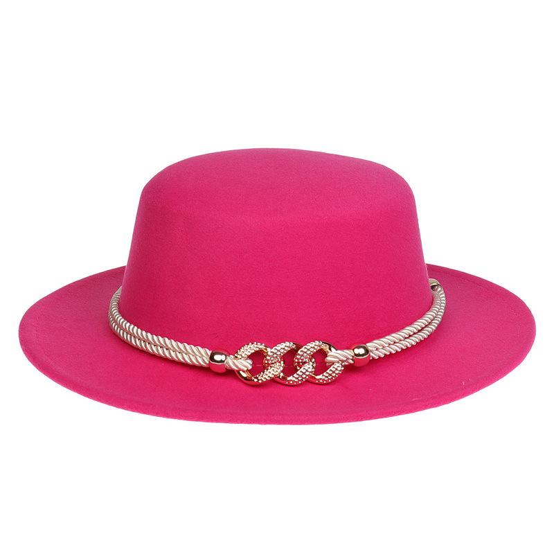 Women's Wool Felt Flat Top Fedora Hat - French Autumn/Winter Retro Style with Chain