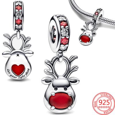 Noel Kırmızı Ren Geyiği Murano Dangle 925 Ayar Gümüş Takılar Fit Orijinal 925 Boncuk Bilezik Kolye Kadınlar Takı Hediye Için