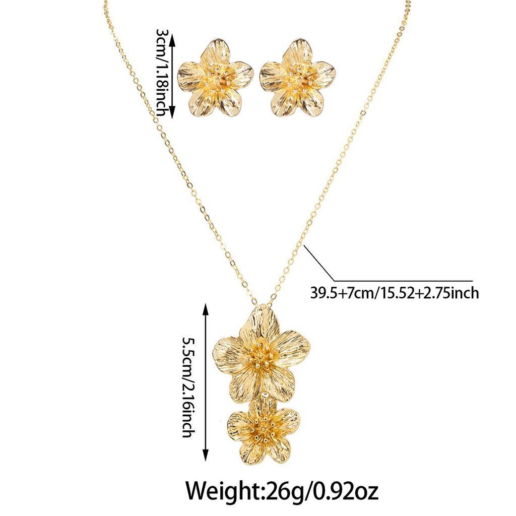 2-piece Minimalist Retro Double Flower Pendant Necklace with Five Petal Flower Earrings, Versatile Women's Jewelry Set