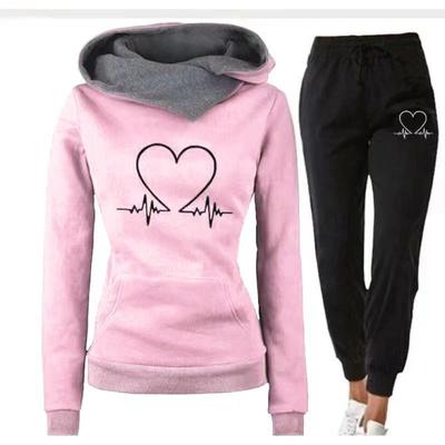 Heartbeat Print Women's Casual Sportswear Set - Hoodie and Sweatshirt for Spring/Autumn