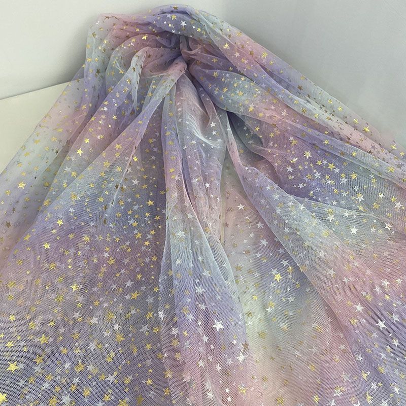 Gradient Rainbow Tulle Fabric Star Sequin By The Meter for Dress Hanfu Wedding Package DIY Sewing Cloth Soft Thin Draping Blue