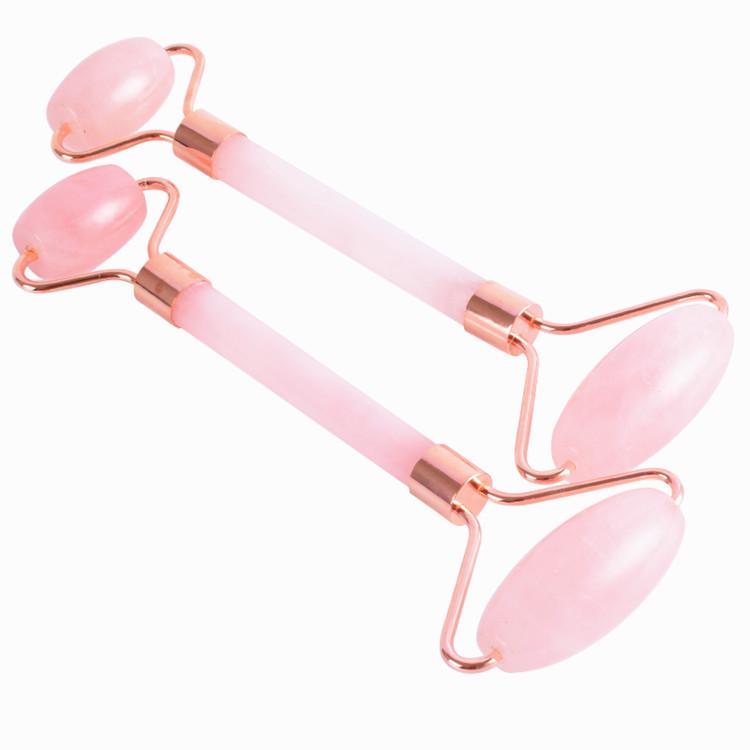 Rose Quartz Facial Roller & Heart-Shaped Gua Sha Set - Double-Headed Eye Massager and Lifting Tool.