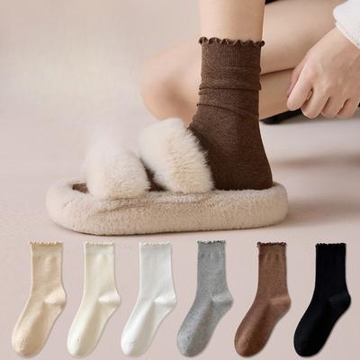 Schwarze Socken mit Ohrkante, Damen-Mittelwadensocken, Einfarbige Baumwollsocken, Frotteesocken ohne Naht, Spitzen-Postpartumsocken
