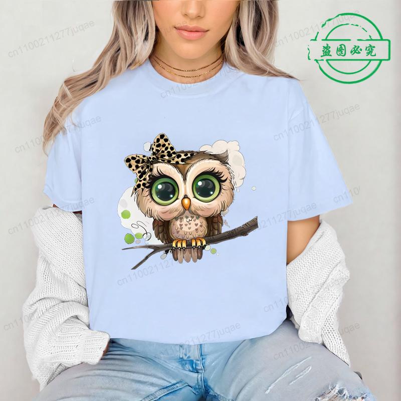Cartoon Owl Print Crew Neck T-shirt Tee Tops Clothing Gift Streetwear Graphic T Shirts Casual Short Sleeve Top Women's Clothing