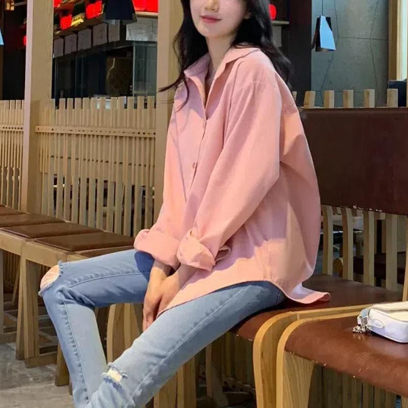 

Сладкие Свежие Весенне-Осенние Женские Новые Модные Рубашки с Пуговицами, С Комбинированными Вставками, Однотонные, Свободные, Минималистичные, Повседневные, С Длинным Рукавом XXL розовый