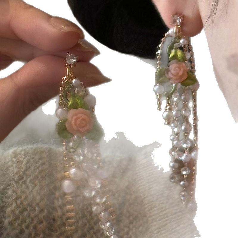 French retro rose pearl fringed earrings women's high-end temperament niche design gentle and elegant long earrings