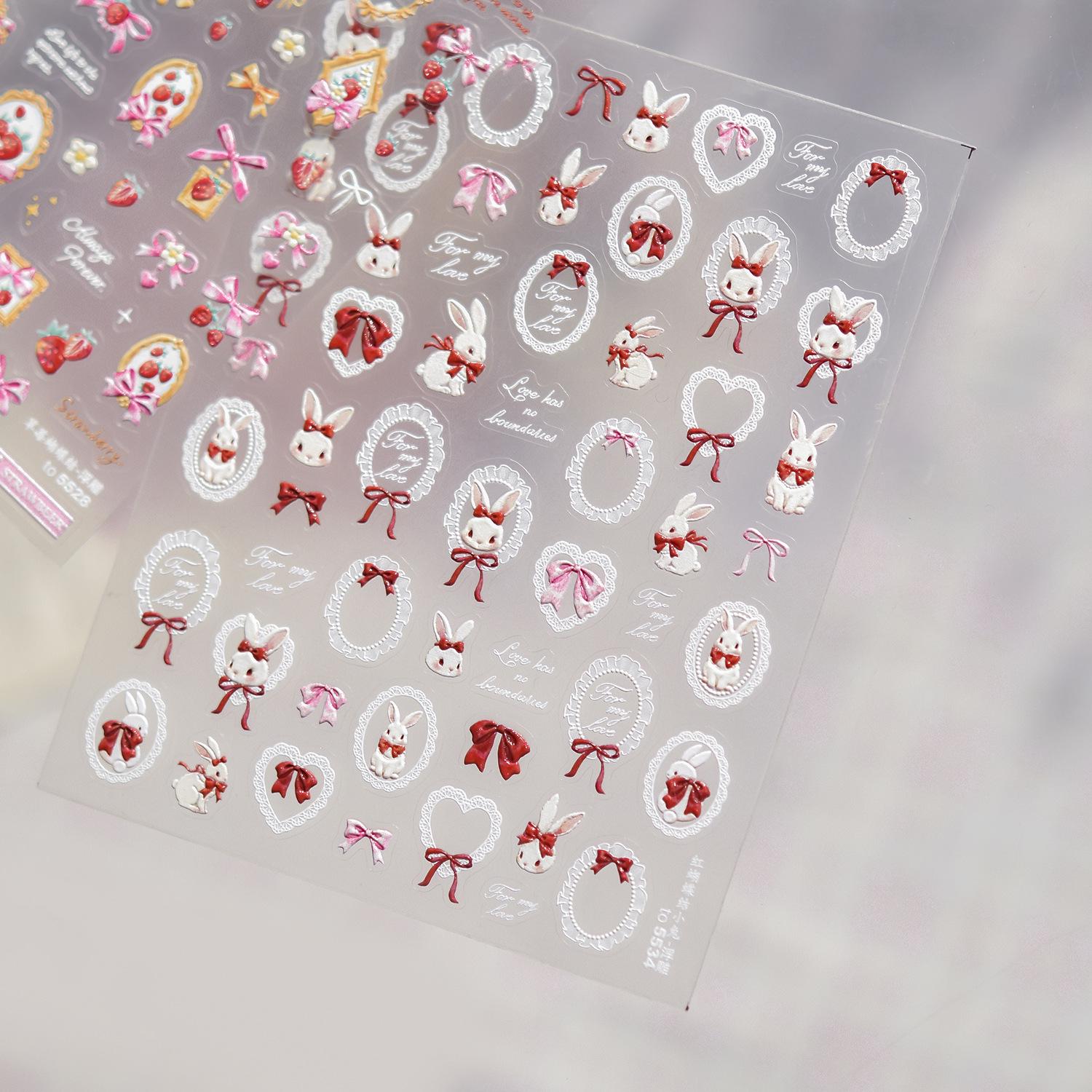 Tomoni Embossed Nail Art Stickers – Cute Red Bow and Bunny Designs for Kids