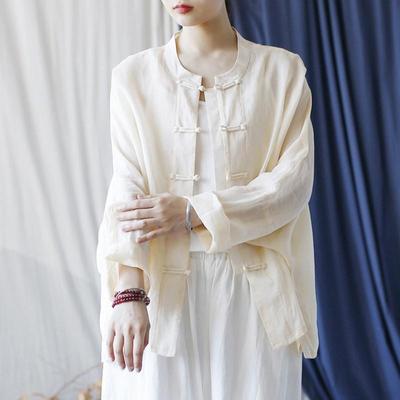 Camicie da donna in stile cinese, a maniche lunghe, con bottoni, autunnali, tinta unita, vintage
