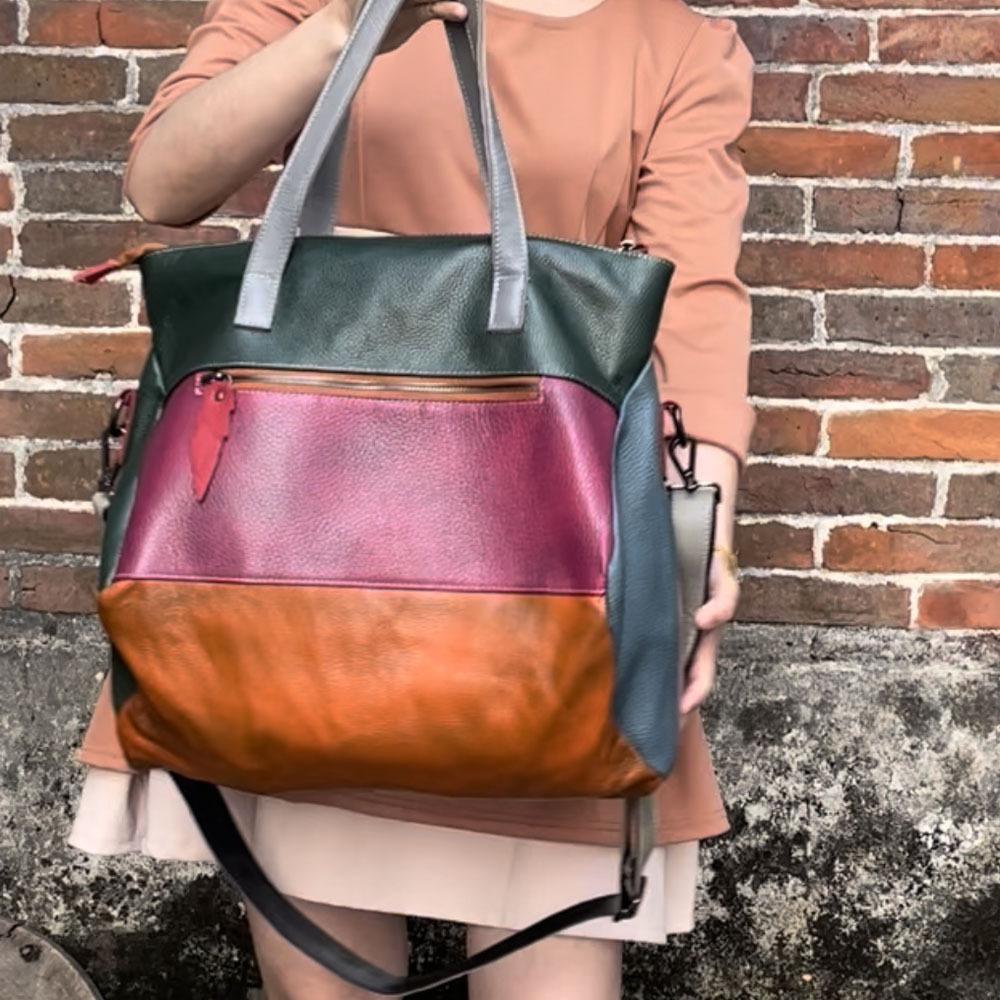 Damentasche aus echtem Leder, Retro-Rindsleder, kontrastfarbene Schulter-Crossbody-Tasche mit großem Fassungsvermögen