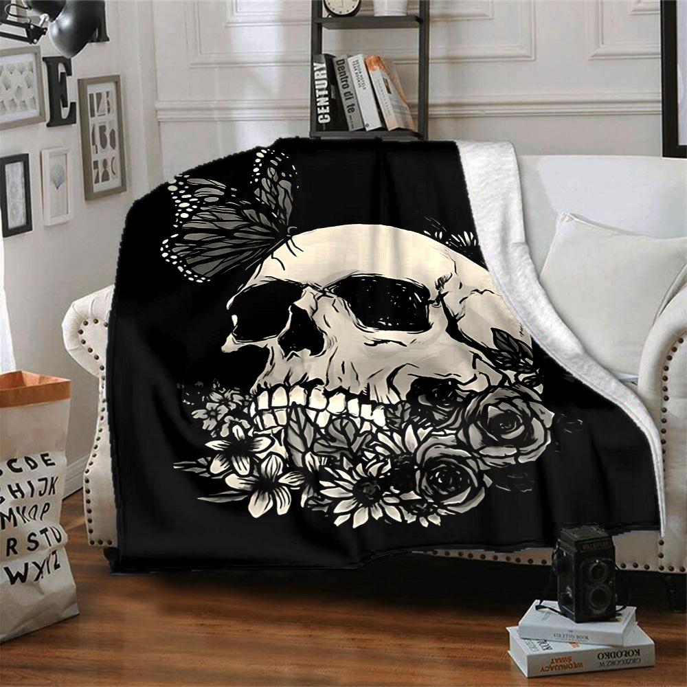 1pc Skull Flowers Lightweight Flannel Blanket, Comfortable and Warm Blanket, for Office and Camping Sofa Bed, Livingroom113