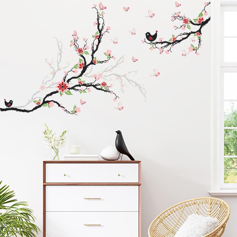Branch Bird Butterfly Flower Wall Stickers, Nature Scene Removable Decals for Bedroom Living Room Entrance Wall Decor