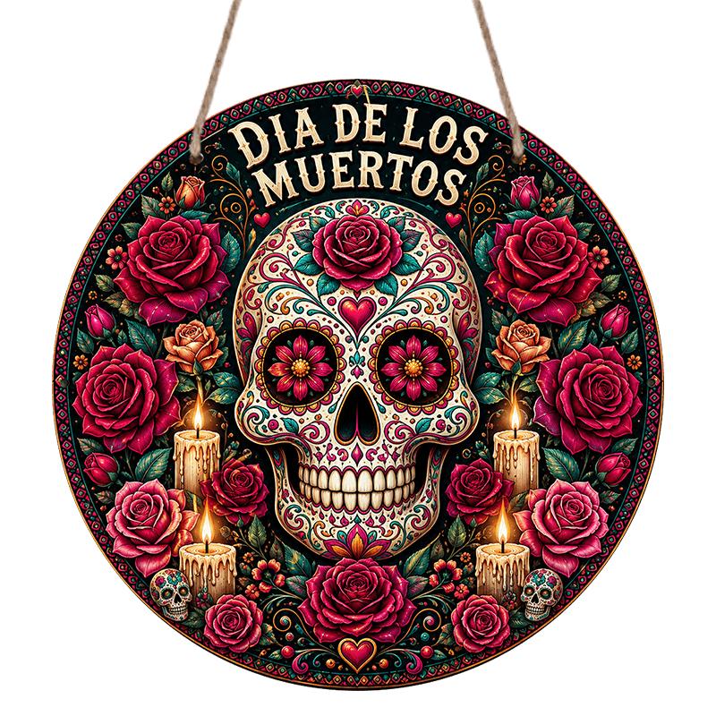 2D Flat, 1pc Dia De Los Themed Round Metal Hanging Sign, Traditional Mexican Folk Art Blooming Rose Candle Decor Plaque, Easy Hang Indoor Outdoor