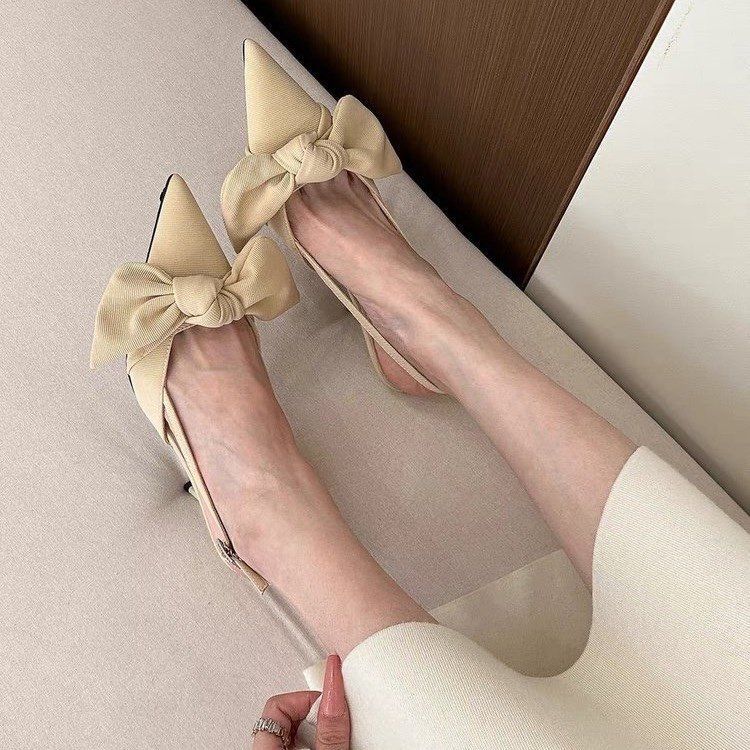 Spring Shallow Mouth Pointed Head Thin Heel Elastic Band Bow Elegant High Heel Muller Shoes Sandals Women'S Shoes