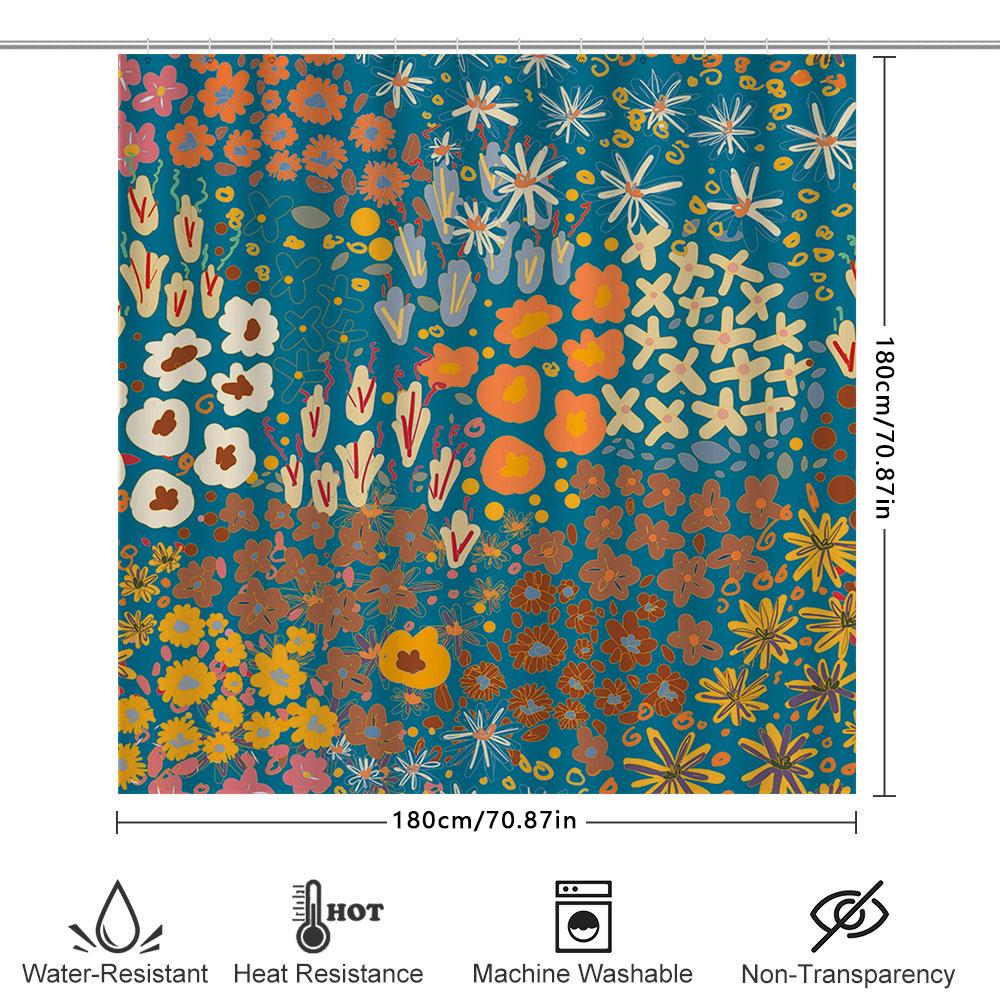 Bright Floral Printed Shower Curtain Waterproof Fabric Decorative Home Bathroom Accessory Modern Blue Orange Flower Design (210X