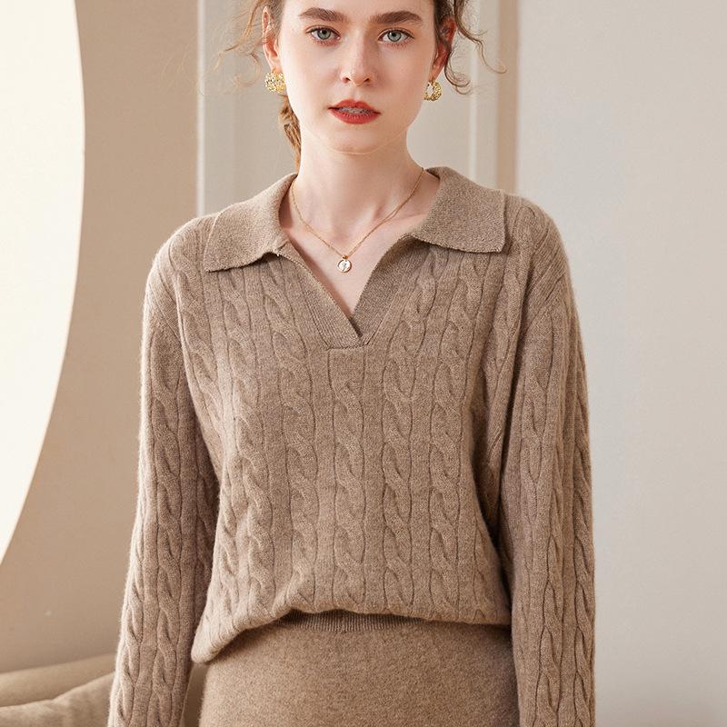2023 Autumn Winter Women's Cashmere Polo Sweater: Versatile Retro Lapel Knit, Loose Cable Knit Base Layer