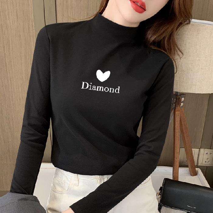 Women Double-sided Fleece Mock Neck Long Sleeve Top Heart Letter Print Slim Thermal Base Layer Shirt Fall Undershirt