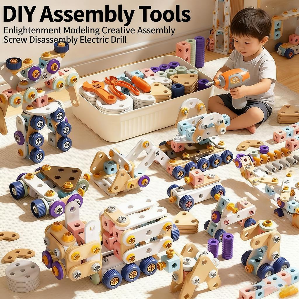 Kids Tool Set DIY Nut Assembly Toy Kit STEM Building Tools Montessori Toys Gifts for Boy Girl Electric Drill Tool Box Optional