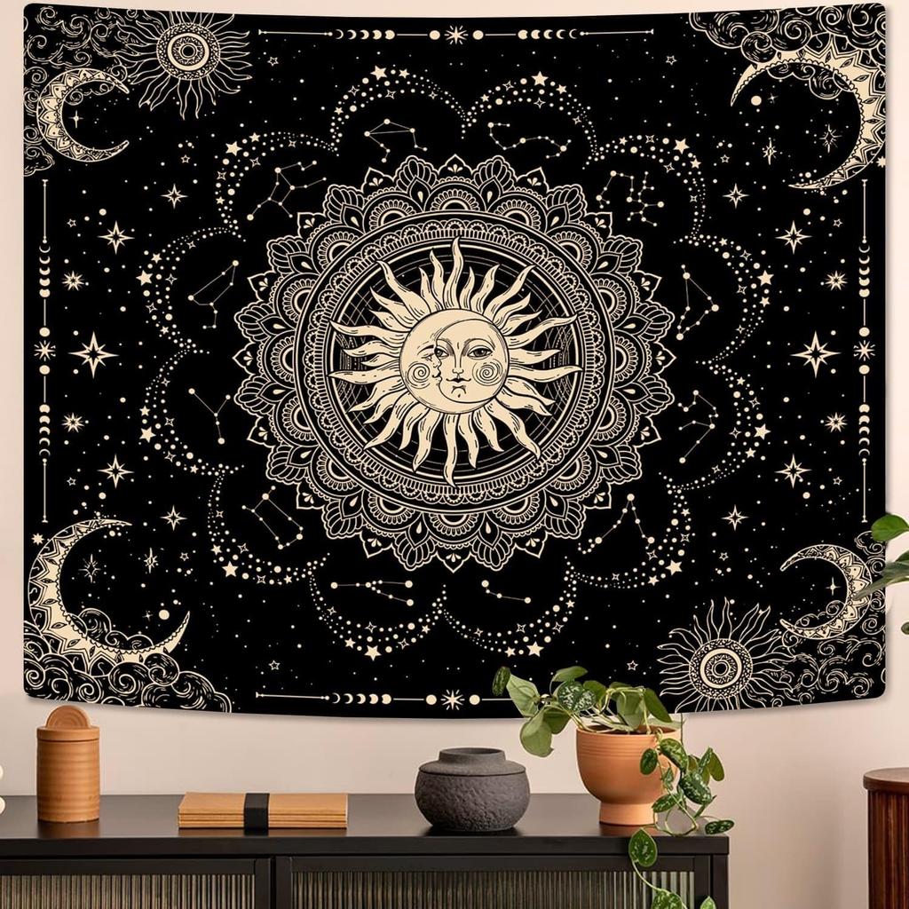 ARTCREATOR Sun and Moon Tapestry, Black Golden Mandala Tapestries Astrology Space Wall Hanging Boho Hippie Decor for Bedroom, Living Room, Ceiling