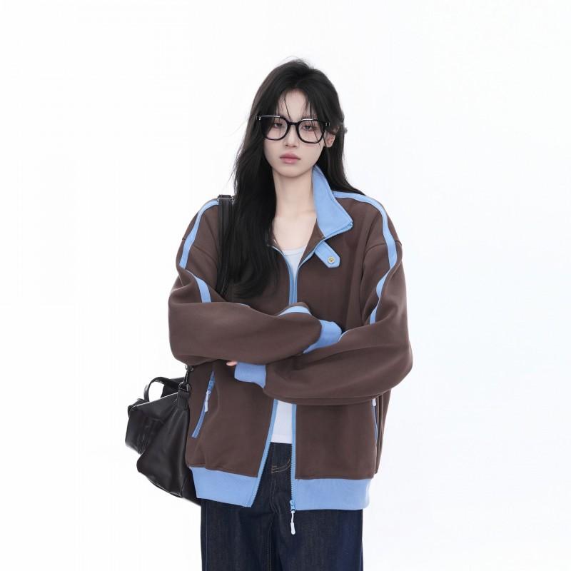 Damen Retro College Stil Color-Block Stehkragen Reißverschluss Hoodie Oversized Lässiges Sweatshirt