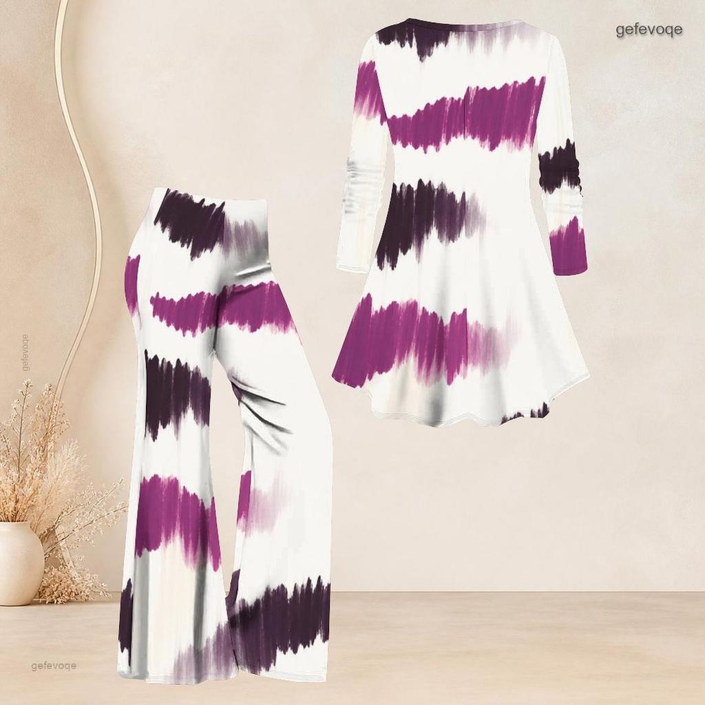 Women Plus Size V Neck Three Quarter Sleeve Printed Blue Flared Top And Flared Pants Two Piece Set