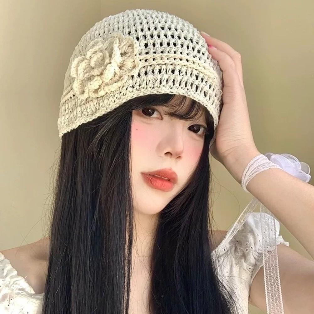 Hand-woven Flower Knitted Caps Hollow Beanies Cap Casual Sequin Crochet Hat  Spring Summer