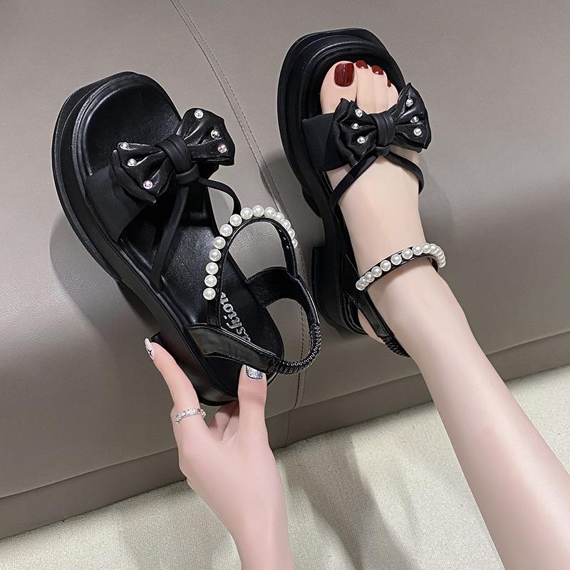 High-heeled sandals women's 2025 new summer bow fairy wind platform pearl one-word belt fashion Roman women's shoes